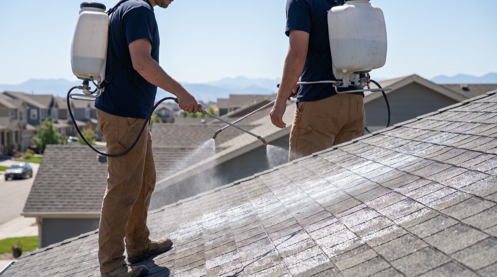 Roof Maxx rejuvenation treatment being sprayed on an asphalt shingle roof — Greeley, CO — Martinez Roofing Inc